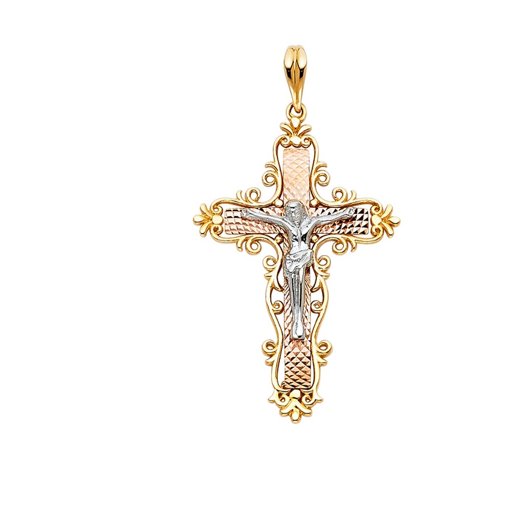14K Tri Color Religious Crucifix Pendant